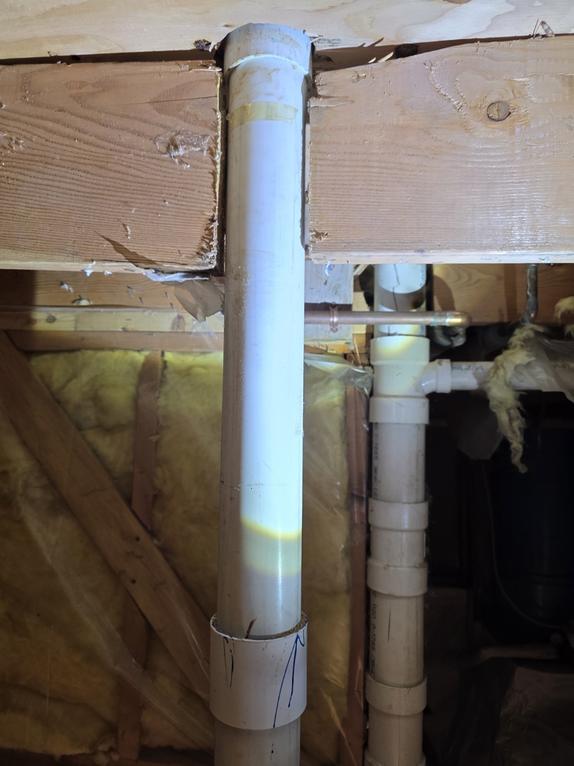 Interrupted floor framing before structural correction